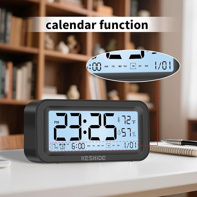 Night Light Digital Alarm Clock Battery Operated with Indoor Temperature Humidity, Desk Small Clock,Snooze Model,12/24H Display for Bedrooms Heavy Sleepers Kids Travel Bathroom (Black)