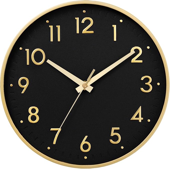 Mosewa Small 8 Inch Wall Clock Battery Operated Silent Non Ticking Analog | Black Gold modern clock; oversized 3D easy-read dial for kitchen, bedroom & office; 1 AA battery (not included)