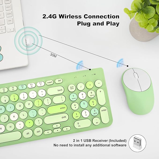 Wireless Keyboard and Mouse Combo, Retro Typewriter Keyboard with Round Keycaps, 2.4GHz USB Cute Wireless Keyboard Mouse for Computer, Desktop, Laptop (Green Colorful)