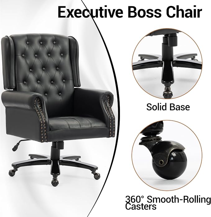 Vintage High Back Wingback Executive Office Chair, Black | Home Desk Chairs with Tufted Nailhead Trim & PU Faux Leather, Heavy Duty Adjustable Rocking Computer Chair for Gaming