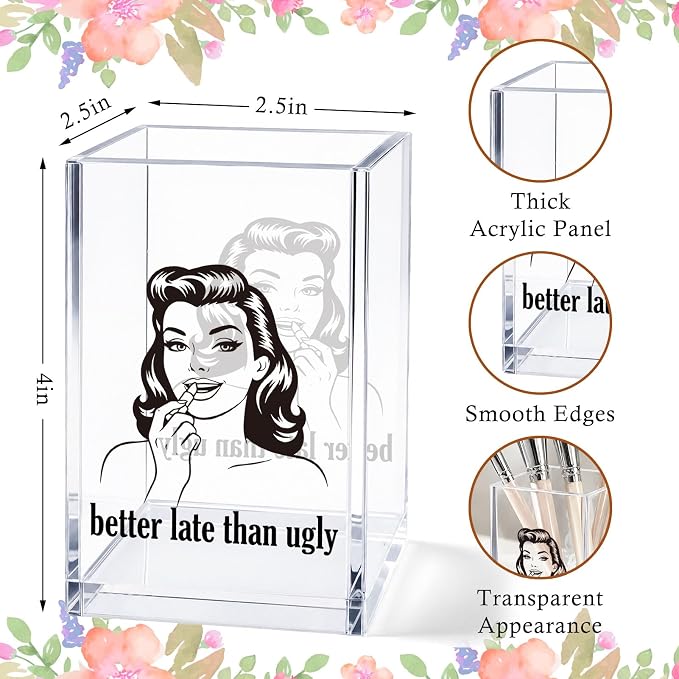 Acrylic Pen Holder Cup, Vintage Newspaper Style Desk Decor, “Better Late Than Ugly” Pencil Holder Organizer, Black and White Aesthetic Office Accessories, Gift for Women