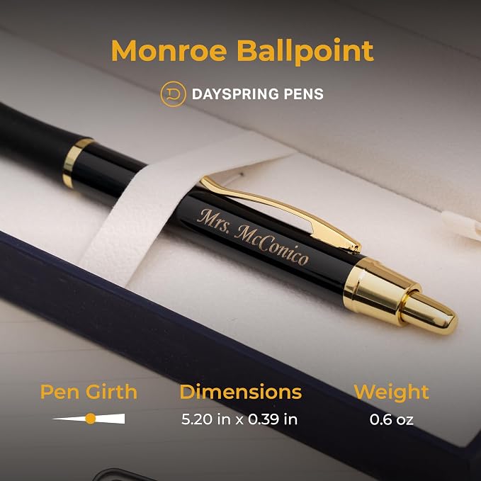 Dayspring Pens, Monroe Black Ballpoint Pen, Custom Engraved with 18K Gold Accents, Click Action, Medium Point Black Ink, Gift for Graduation, Career Advancement, Nurse Appreciation, Birthdays