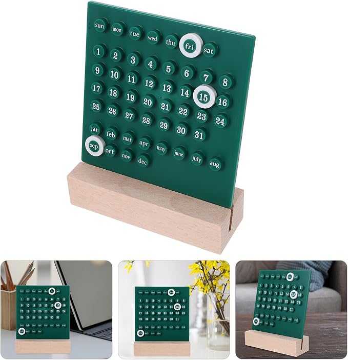 Ipetboom Perpetual Desk Calendar with Movable Rings and Base Reusable Acrylic Table Calendar for Office and Home Decoration Classic Manual Date Display Accessory in Green