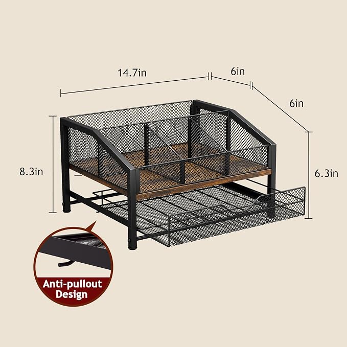 Homsorout Coffee Bar Organizer - Coffee Station for Countertop, Metal and Wood K Cup holder Storage Basket with Drawer for Syrup, Cups, Stirrer, Condiment, Tea Organizer, Brown
