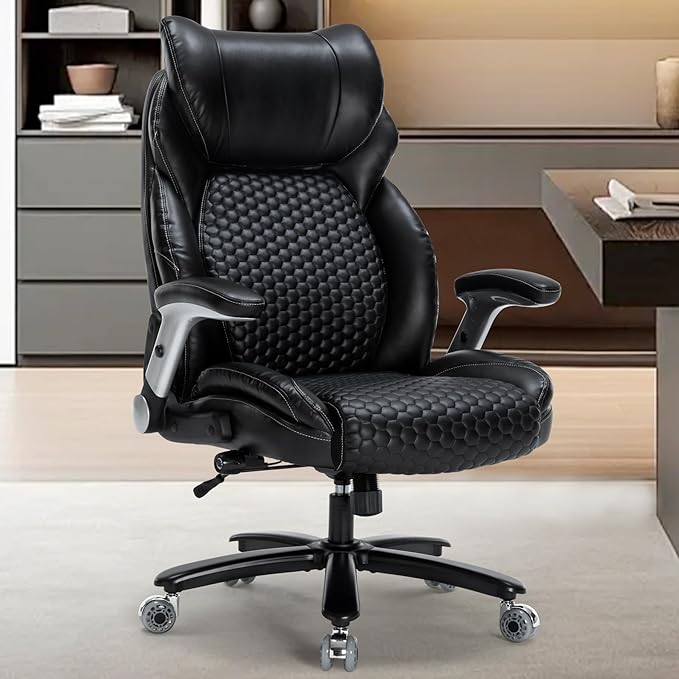 500LBS Big and Tall Office Chair, Heavy Duty Office Chair for Heavy People Computer Task Chair with Adjustable Headrest and Lumbar Support, Home Office Desk Chairs with Flip-up Armrests, Black