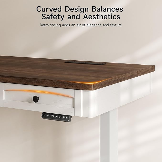 ONBRILL Standing Desk with 3 Drawers, 63 x 24 Inch Electric Height Adjustable Desk with Storage & Outlets, for Computer Workstation, Home Office, Retro Curved Table Corner & Drawers, Walnut