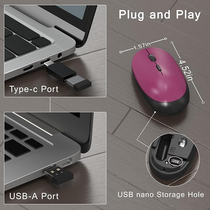 MPTOG Colorful Wireless Computer Keyboard and Mouse Combo with Round Typewriter Keycaps, Retro Design, Power Switch, Ergonomic Design, 2.4GHz Wireless for Windows, Mac, PC（Black-Claret）
