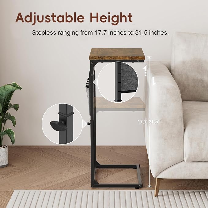 Vagusicc C Shaped End Table, Small Side Table for Couch, Adjustable Height Sofa Table with Metal Frame for Living Room, 33'' Tall Side Table for Couch, Bedroom, Bedside, Rustic Brown and Black