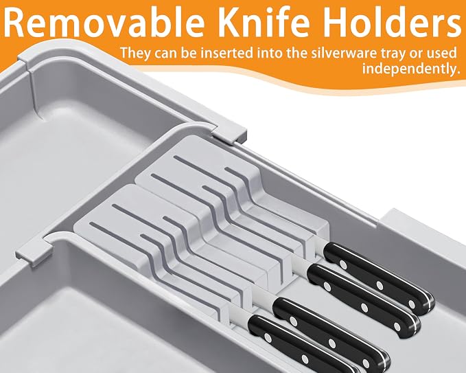 Large Utensil Organizer for Kitchen Drawer, Expandable Silverware Drawer Organizer Cooking Tray, Cutlery and Flatware Utensil Holder Kitchen Spatula Tools Storage with 3 Dividers, Grey