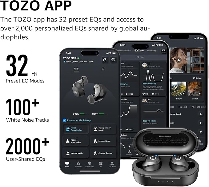 TOZO NC9 Hybrid Active Noise Cancelling Wireless Earbuds, in Ear Headphones IPX6 Waterproof Bluetooth 5.3 Stereo Earphones, Immersive Sound Premium Deep Bass Headset Matte Black.