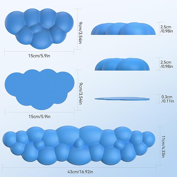 TECKNET Cloud Keyboard Wrist Rest Set, Cloud Wrist Rest with Non-Slip Base, PU Leather Wrist Pad for Keyboard with Ergonomic Memory Foam for Computer Laptop Office Gaming and Pain Relief, Blue