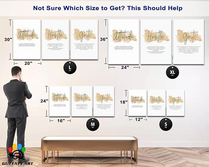 3 Piece Inspirational Wall Art - Attitude Hustle Grit Motivational Quotes Canvas Art for Women Room Decor, Office Wall Art Pictures, Inspirational Poster Framed Artwork for School Decor 16”x24”x3Pcs