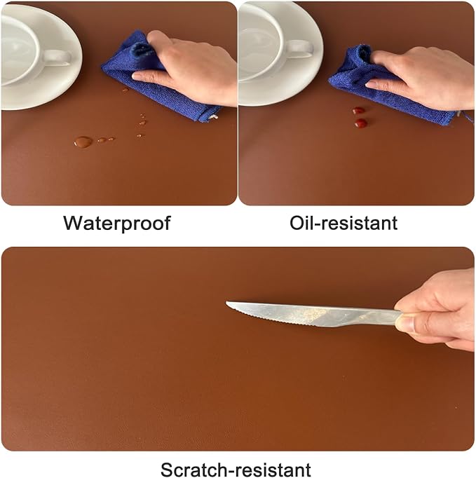 1.8mm Thick Leather Table Protector - Heavy Duty Waterproof Desk Cover for Dining,Coffee Table, Nightstand, Dresser Top Non-Slip Scratch Resistant Surface, 16x36 Inch (Brown+Gray)