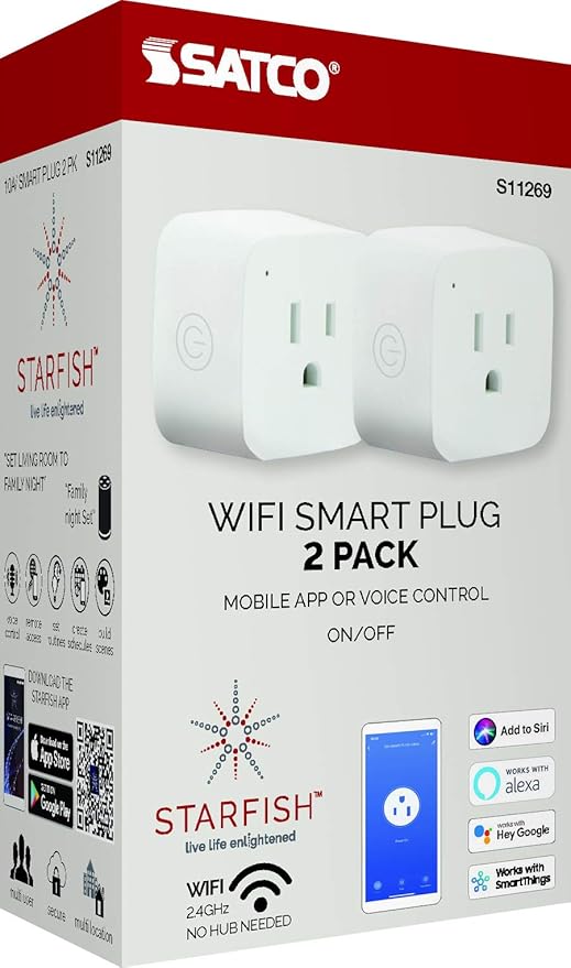 Satco S11269 Starfish 2-Inch Mini-Square On/Off WiFi Smart Plug Outlet, Works with Siri, Alexa, Google Assistant, SmartThings, White, 2 Pack