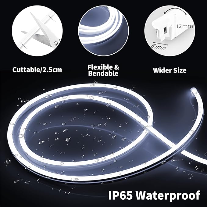 iNextStation 12V White LED Strip Lights 16.4FT/5M, IP65 Waterproof Silicone Neon Light Strip, Flexible Led Rope Lights for DIY, Cuttable, LED Light Strip for Bedroom, Indoor, Outdoor(with Plug)