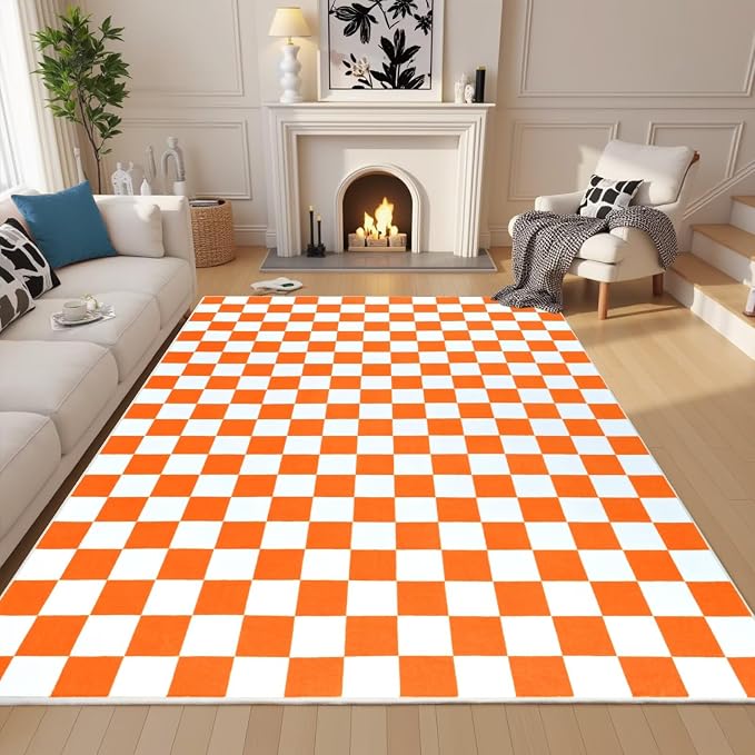 Terrug Orange and White Checkered Rug for Living Room,6x9 Area Rugs Washable with Non Slip for Bedroom,Soft Low Pile Stain Resistance Retro Carpet for Dorm Kids Room