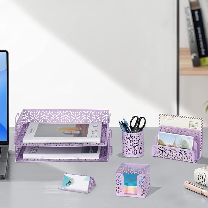 EasyPAG Desk Organizers and Accessories 5 Pieces Office Supplies Set - 2 Tier Paper Tray, Pencil Organizer for Desk, Mail Sorter Countertop, Business Card Holder and Sticky Note Holder, Purple