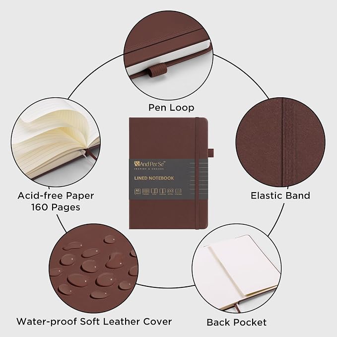 &And Per Se Lined Journal Notebook, 160 Pages, A5 5.7 x 8 inches College Ruled Thick Paper Notebook Journals for Writing, Hardcover Notebooks for Women Men Office School (1 Pack, Chocolate)