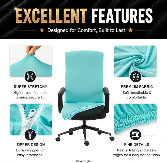 Water Resistant Stretch Computer Office Chair Cover with Durable Zipper - Universal Washable Removable Spandex Rotating Boss Chair Slipcovers - Anti-dust Desk Chair Seat Protector for Dogs, Cats, Pets