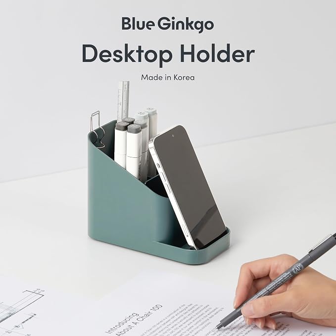 BLUE GINKGO Pen Holder, Desk Organizer, Green, Made in Korea | Multi-Compartment. Space-Saving. Everyday Storage.