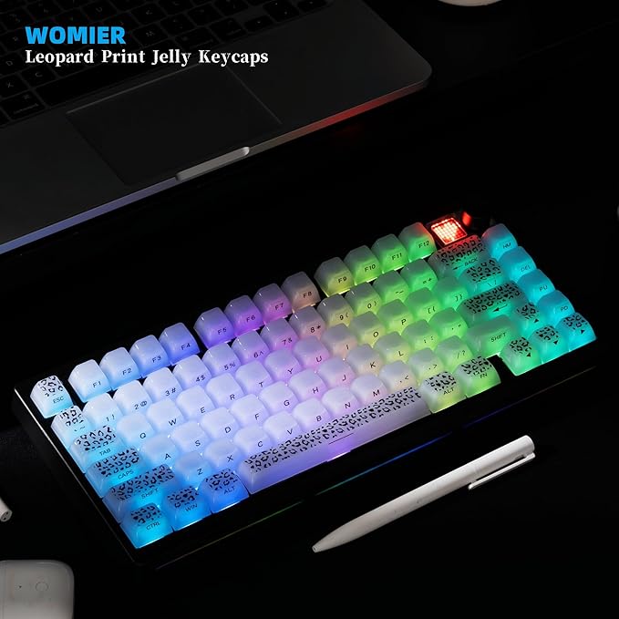Womier Keyboard Keycaps Jelly, White Ceramic Keycaps Style, Transparent Leopard Print Key Cap Shine Through Custom 60 65 75 100 Percent for Cherry MX,Gateron Mechanical Keyboards,MDA Profile