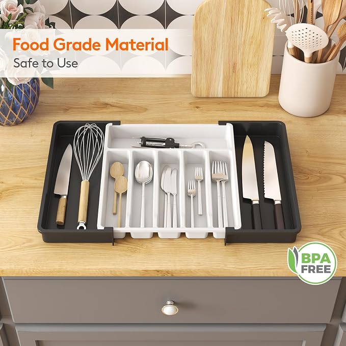 Lifewit Silverware Drawer Organizer, Expandable Utensil Tray for Kitchen, BPA Free Flatware and Cutlery Holder, Adjustable Plastic Storage for Spoons Forks Knives, 13-22 x 15", White&Black