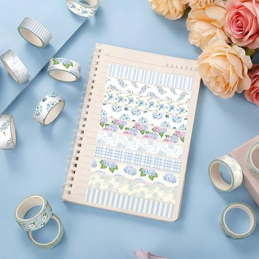 12 Rolls Watercolor Floral Washi Tape Set 15 mm Vintage Flower Decorative Masking Tape for Summer School Arts DIY Craft Scrapbook Journal Supplies Gifts(Light Blue,Hydrangea)