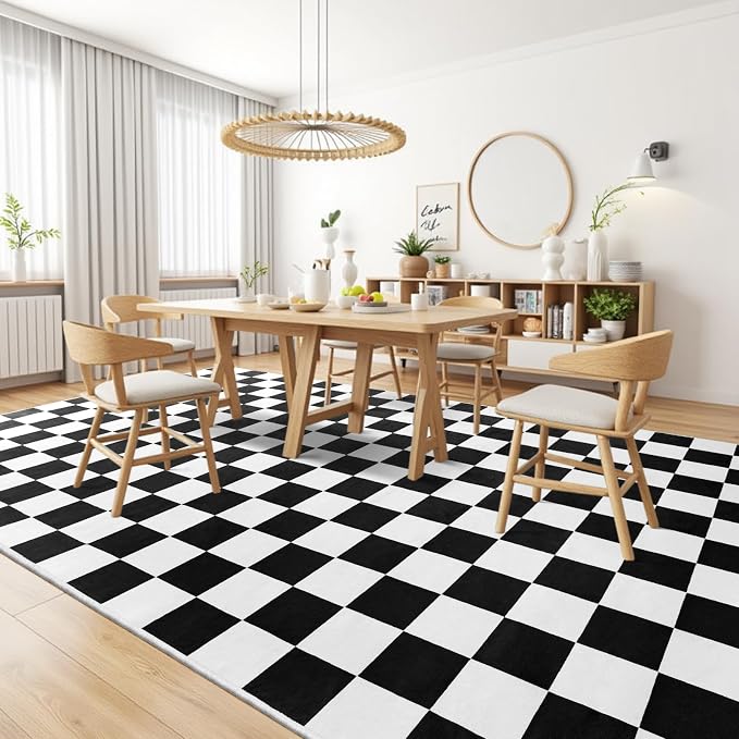 Terrug Black and White Checkered Rug for Bedroom,4x6 Area Rugs Washable with Non Slip for Living Room,Soft Low Pile Stain Resistance Retro Carpet for Dorm Kids Room
