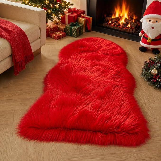 EasyJoy Ultra Soft Faux Fur Rug Fluffy Sheepskin Rug for Bedroom Living Room Sofa Bedside Floor(2 x 4 ft Sheepskin, Red)