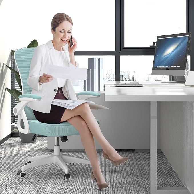 naspaluro Home Office Desk Chair Mid Back with Adjustable Height Green | Comfy Ergonomic Chair with Flip-Up Arm and Lumbar Support, Breathable Mesh Swivel Computer Chair for Study Working Teacher