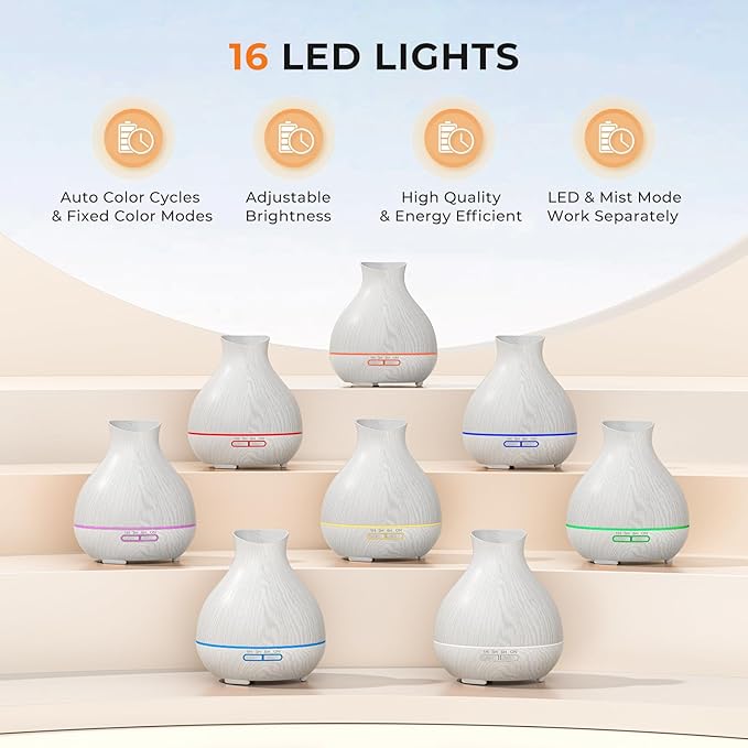 BZseed Aromatherapy Essential Oil Diffuser 550ml 12 Hours White Wood Grain Aroma Diffuser with Timer for Large Room, Home, Baby Bedroom, Waterless Auto Shut-Off, 7 Colors Lights Changing