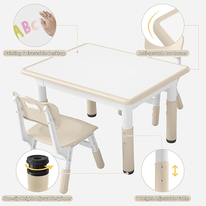 DOREROOM Adjustable Kids Table & 2 Chairs Set, 31.5" L x 23.6" W, Natural | Graffiti Desktop,Table Supports 300 lbs,Toddler Ages 2-8，FSC-certified, Children Activity Table for Daycare, Classroom, Home