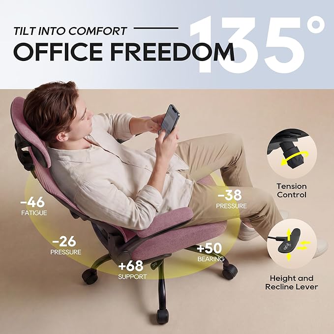 Ergonomic Office Chair, High Back Mesh Desk Chair with Adjustable Lumbar Support & Headrest, Flip-up Armrest, Computer Task Chairs for Home and Executive Office (B-Light Purple)