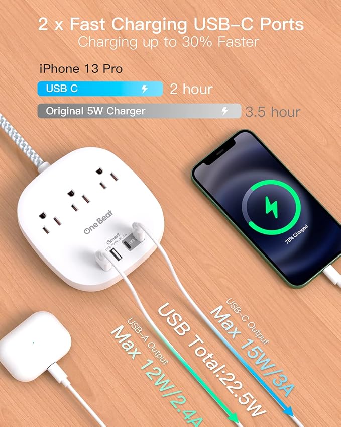 10Ft Flat Plug Power Strip, Ultra Thin Extension Cord - 3 Outlets 4 USB Ports (2 USB C) Desktop Charging Station, Cruise Ship Power Strip with No Surge Protection for Travel, Dorm Room Essentials