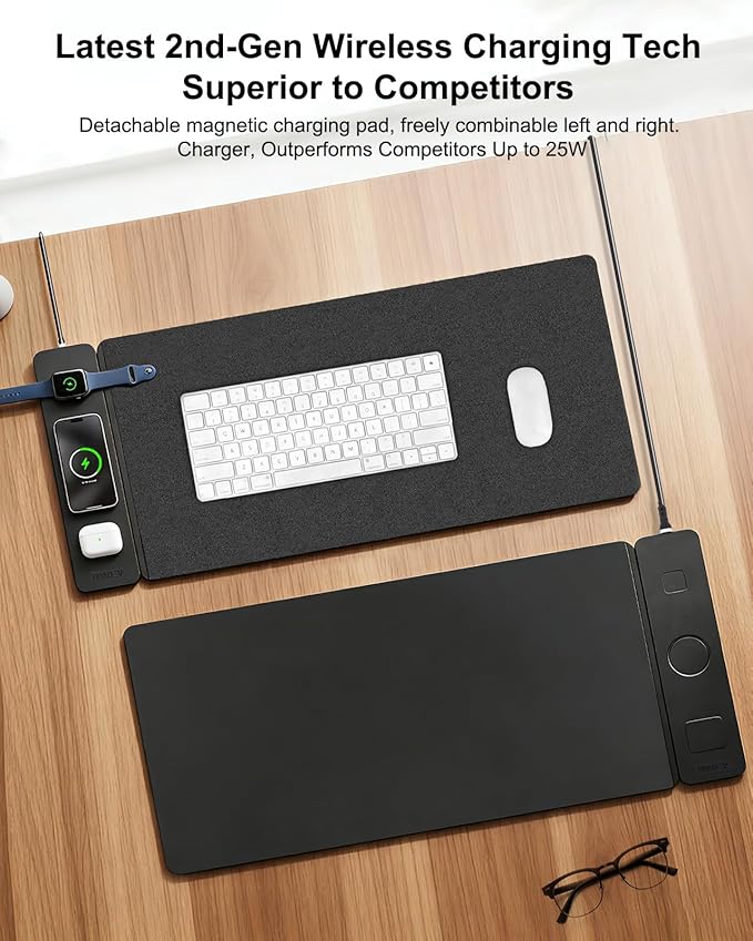 Wireless Charging Mouse Pad with 2nd Gen Tech, 3-in-1 25W Fast Charger, Replaceable Rubber & Microfiber Leather Desk Mat, Large Waterproof Desk Pad for Office & Gaming(Leather Mat& Coasters)