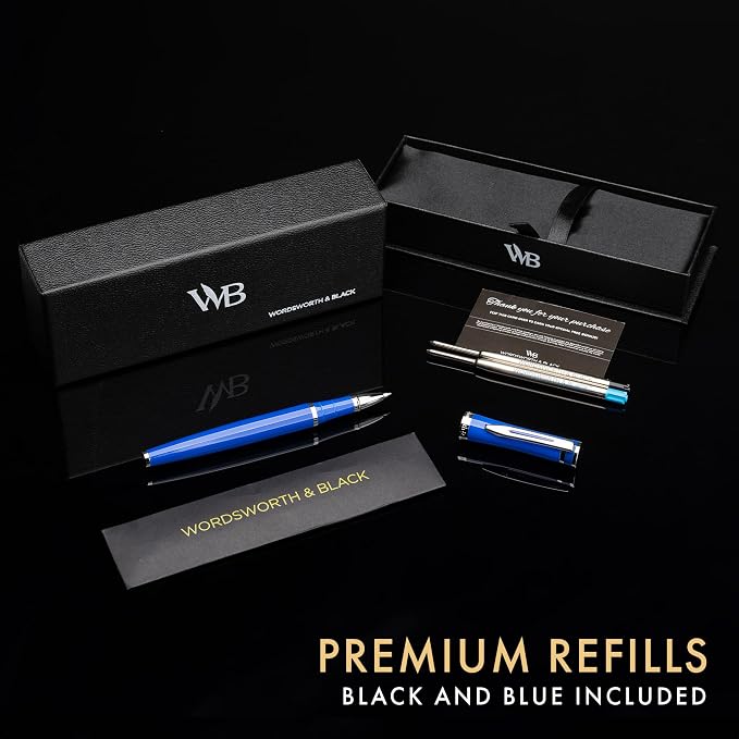 Wordsworth and Black Rollerball Pen - Luxury Pen - Chrome Finish, Blue Lacquer, Ink Refill, Refillable, Gift for Men & Women, Professional Writing, Nice and Fancy Pens and for Work