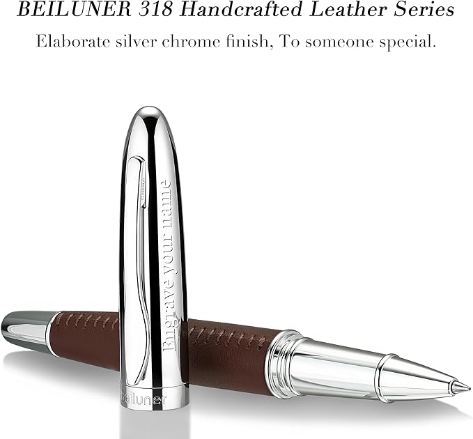 BEILUNER 318 Luxury Personalized Leather Pen, Hand-Stitched Premium Leather, Chrome-Plated Finish, Smooth Black Refill, Fancy Rollerball Gift Set for Men & Women, Executive Writing, Nice Designer pen