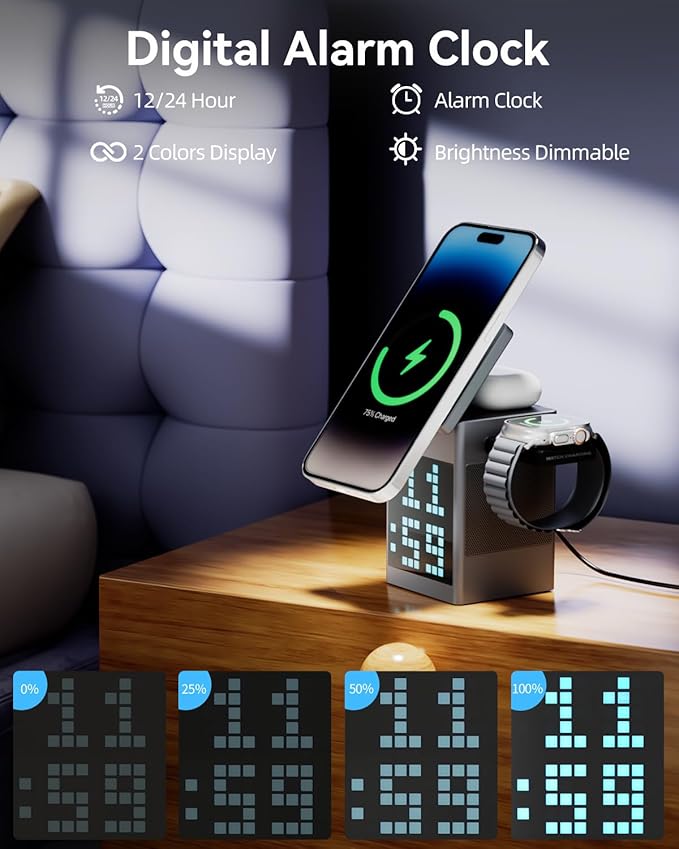 Vivilumens 3-in-1 Wireless Charging Station with Bluetooth Speaker, Digital Alarm Clock, Pixel Display for MagSafe iPhone 17/16/15, Apple Watch, AirPods, Fast Charging, Compact Desk Organizer