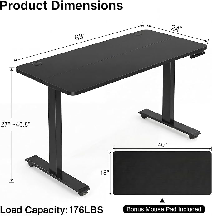 Electric Standing Desk 63 x 24 Inches Adjustable Height Sit Stand Up Desk for Home Office Computer Workstation Memory Preset with Wheels, Black