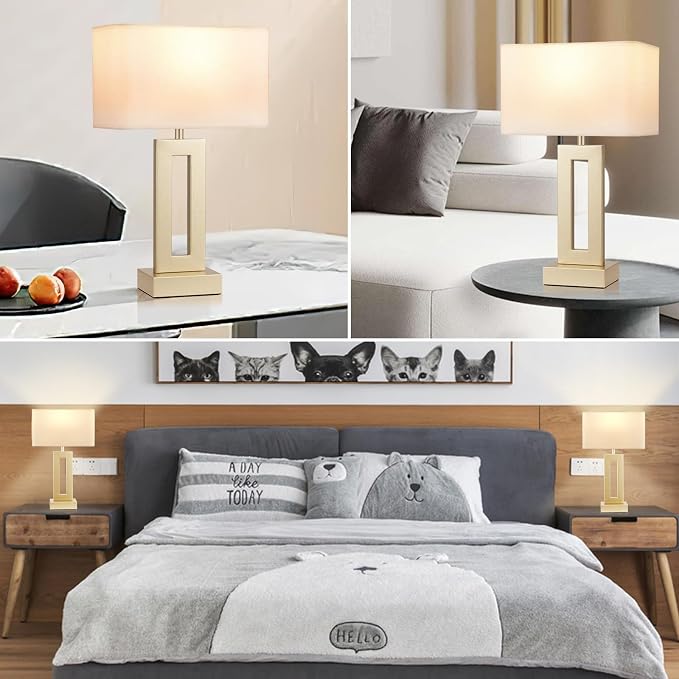 Seealle Bedroom Table Lamps Set of 2 - Touch Bedside Lamps with USB C+A, 3 Way Dimmable Gold Lamp for Nightstand, Modern Night Stands Lamps for Living Room End Tables Desk Bed Side Study Room(16.4n)