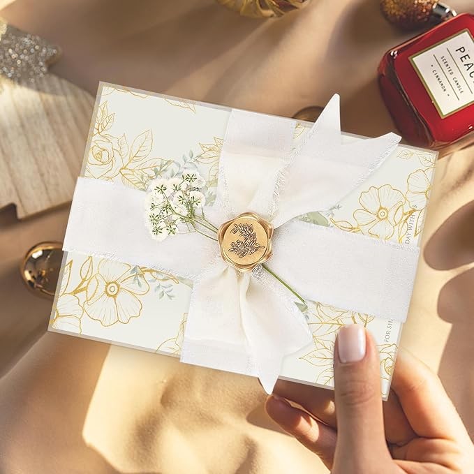 Wedding Invitation Accessories Kit, Pre-Folded Vellum Jackets for 5×7 Invitations with Wax Seal Stickers, Ribbon & Dried Flowers, Elegant Wedding Invitation Accessories for DIY Bridal Invites (Gold-Rose, 100)