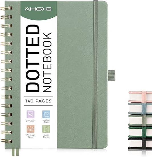 AHGXG Dotted Journal Spiral Notebook, Hardcover Leather Dotted Notebook 140 Pages, A5 Dot Grid Paper Notebook, 100 gsm Thick Paper, for Dotted Journaling, 5.7" x 8.3", Light Green