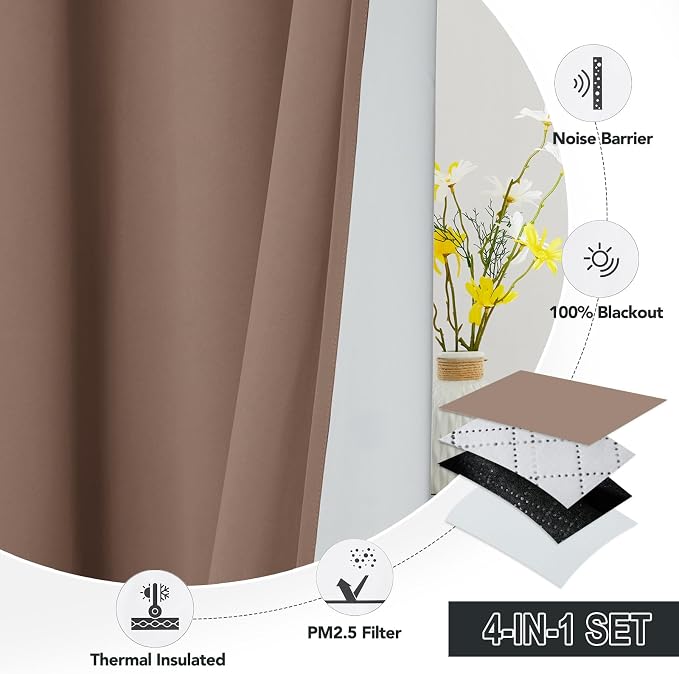 RYB HOME 4-in-1 Dust Filtering Soundproof Blackout Insulating Privacy Window Curtains for Nursery Bedroom Living Room Rivider Sound Absorption Sheet, Mocha, W52 x L95 inch, 2 Panels
