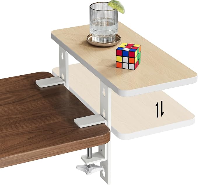 15.7"×7.5" Clamp-on Desk Extender, Monitor and Laptop Riser | Heavy-Duty Side/Top Desk Organizer Shelf, Adjustable Desktop Storage for Office Accessories, Light Wood