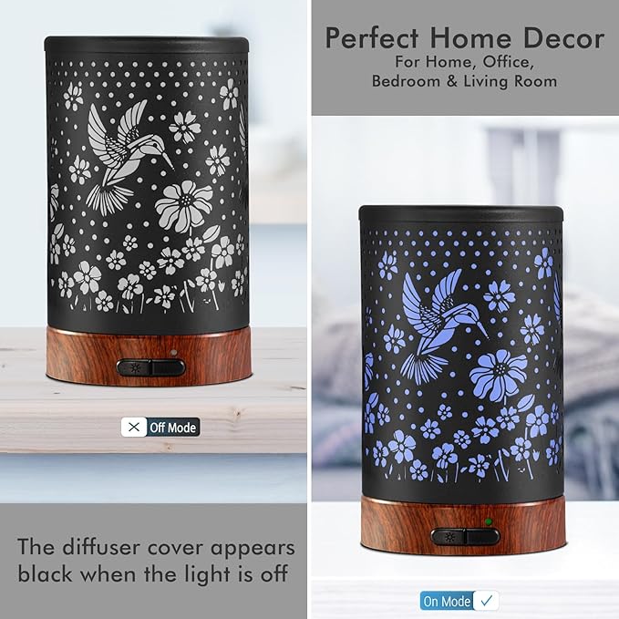Essential Oil Diffuser Aromatherapy Diffuser - Metal Aroma Diffuser for Home 150ml Ultrasonic Cool Mist Diffuser with 7 Colors Light Auto Shut-Off Protection for Home Office Decor & Gift(Hummingbird)