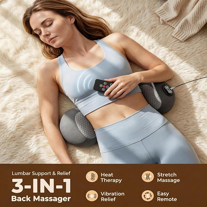 PakWizz 2026 Upgraded 4-in-1 Lumbar Support Pillow with Remote Control | Triple Fusion Back Massager with Heat, Vibration & Stretching, Portable Electric Lumbar Pillow for Home, Office, Travel & Car
