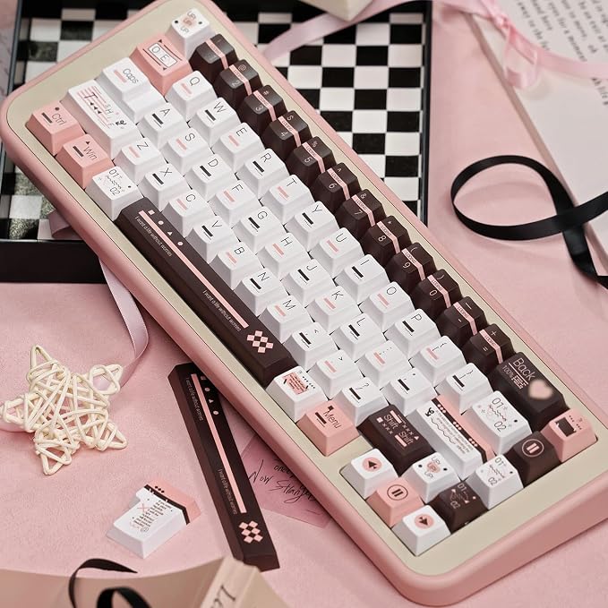 PBT Keycaps, Cute Keycaps 60 65 75 100 Percent, Dye Sublimation Custom Key caps, Pink White Brown 145 Keys Set, Cherry Profile Aesthetic Keycap Set for Cherry Gateron MX Switche Keyboard
