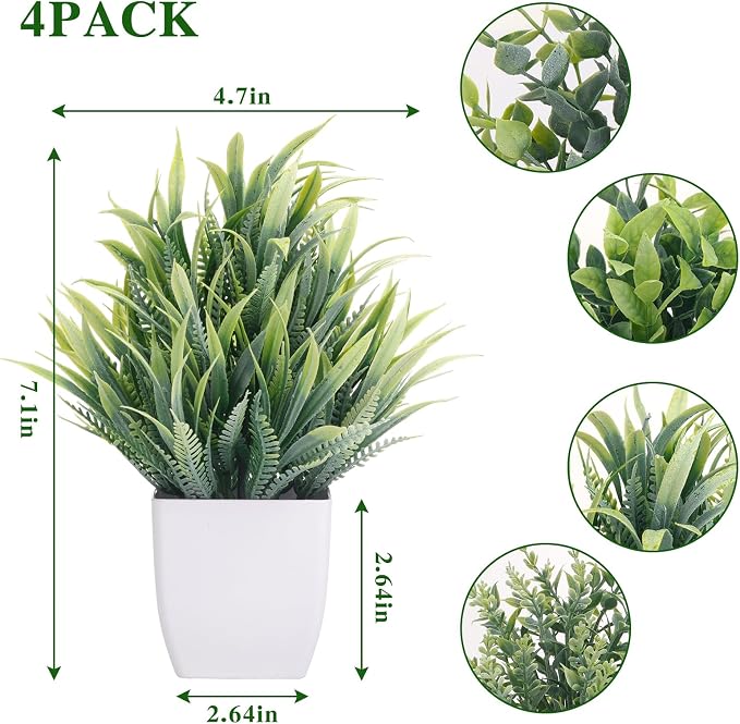 CEWOR Fake Plants 4 Packs Small Artificial Plants Mini White Potted Greenery Bathroom Accessories Decorations for Desk Bathroom Office Home Room Kitchen Table Decor Indoor