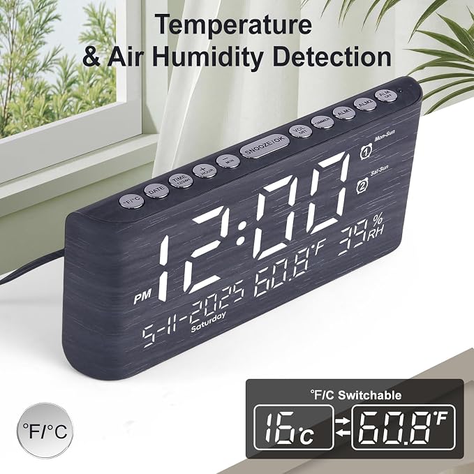 PPLEE 8.7-Inch Large Display Digital Alarm Clock, Dual Alarms & 2 USB | Day, Date, Temperature & Humidity Display, Adjustable Brightness, Snooze and Dual USB Charging for Bedroom and Heavy Sleepers