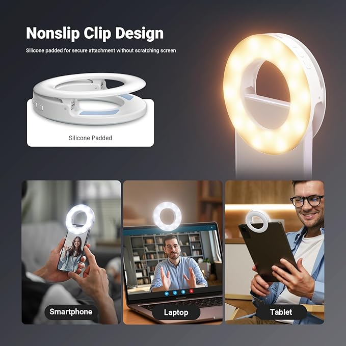 NEEWER Entry Level Version 3.74" Phone Selfie Ring Light Compatible with iPhone, 1W CRI80 60 LED Clip on Portable Rechargeable Fill Lighting for Vlog Recording Laptop Webcam Video Conference, N28